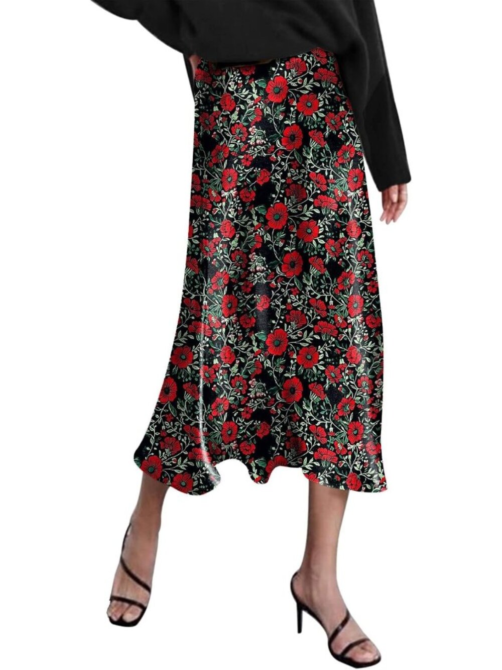 Women Black Flower High Waisted Satin Dress Zipper Silky Slip A-Line Midi Skirt